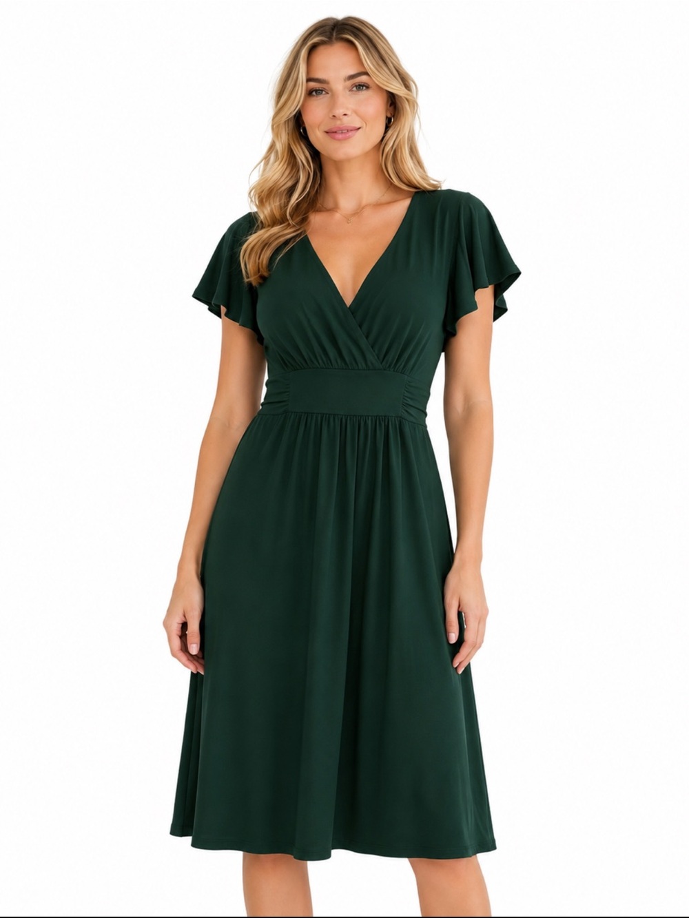 GAP Green V-Neck Midi Dress Empire Waist Flutter Sleeve Stretch - Size S